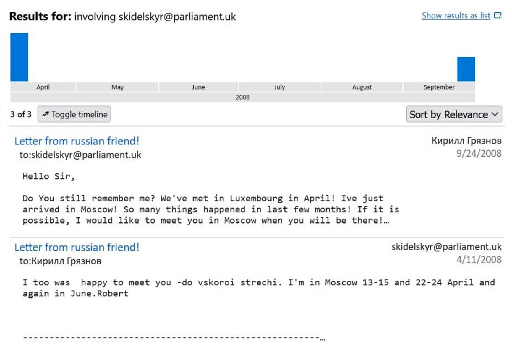 Email correspondence between Kirill Griaznov and Lord Robert Skidelsky dated April 11, 2008. 